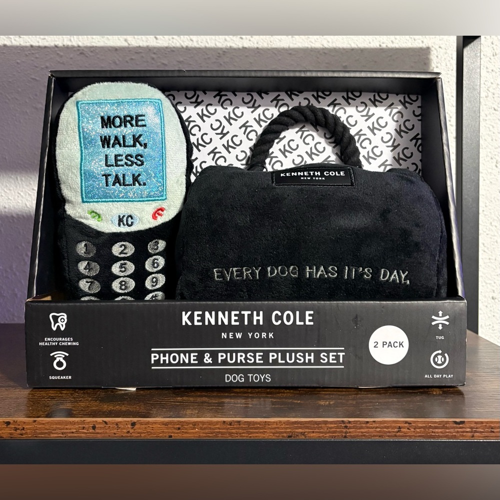 Kenneth Cole Black and Gray Phone & Purse Dog Toy Set NIB
